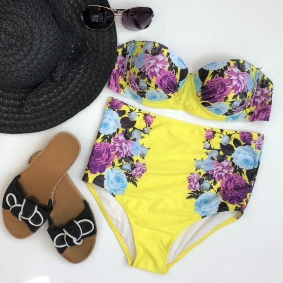 Yellow Floral High Waisted Bikini Sz M - Picture 1 of 2